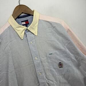 Vintage Tommy Hilfiger Oxford Shirt mens Large Pink Yellow Blue Striped OCBD 90s